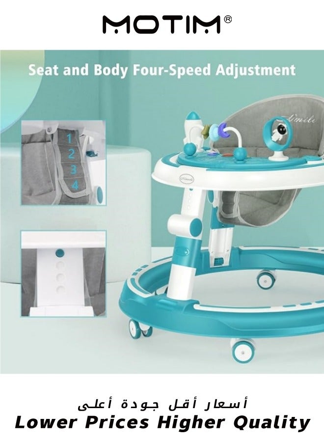 4 in 1 Baby Walker Multifunctional Height Adjustable Baby Walker Stroller with Removable Music Tray Toys Foot Pads Learning Seat Swivel Wheels Safe and Comfortable for 6-18 Months