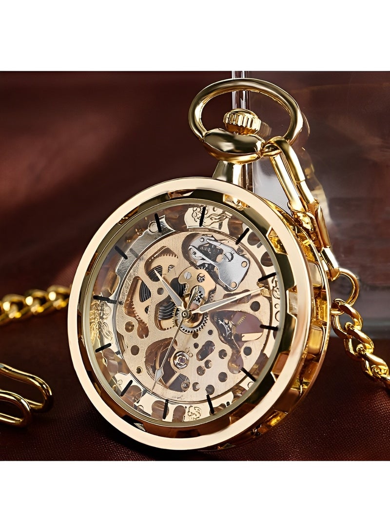 Retro Pocket Watch Hollow Exquisite Vintage Pocket Watch with Roman Numerals & Chain Manual Mechanical Pocket Watch for Father Day or Birthday Gift