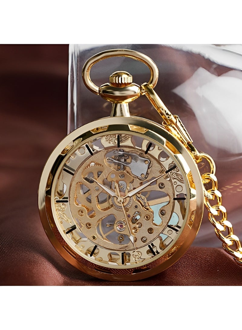 Retro Pocket Watch Hollow Exquisite Vintage Pocket Watch with Roman Numerals & Chain Manual Mechanical Pocket Watch for Father Day or Birthday Gift