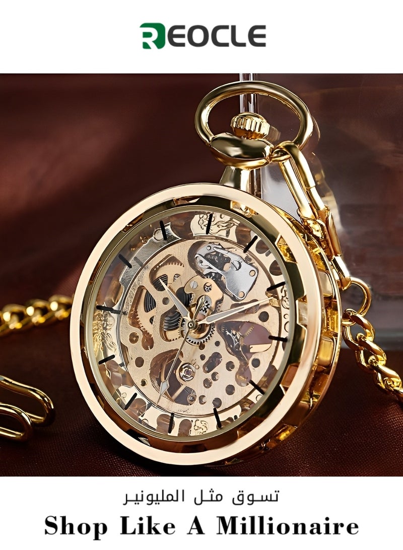 Retro Pocket Watch Hollow Exquisite Vintage Pocket Watch with Roman Numerals & Chain Manual Mechanical Pocket Watch for Father Day or Birthday Gift