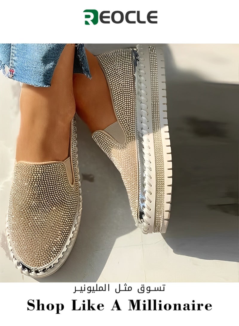 Women's Flats Shoes Rhinestone thick-soled slip-ons Sneakers Casual Comfort Platform Walking Shoes Cute Bowknot Glitter Bling Loafers