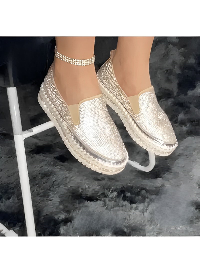 Women's Flats Shoes Rhinestone thick-soled slip-ons Sneakers Casual Comfort Platform Walking Shoes Cute Bowknot Glitter Bling Loafers