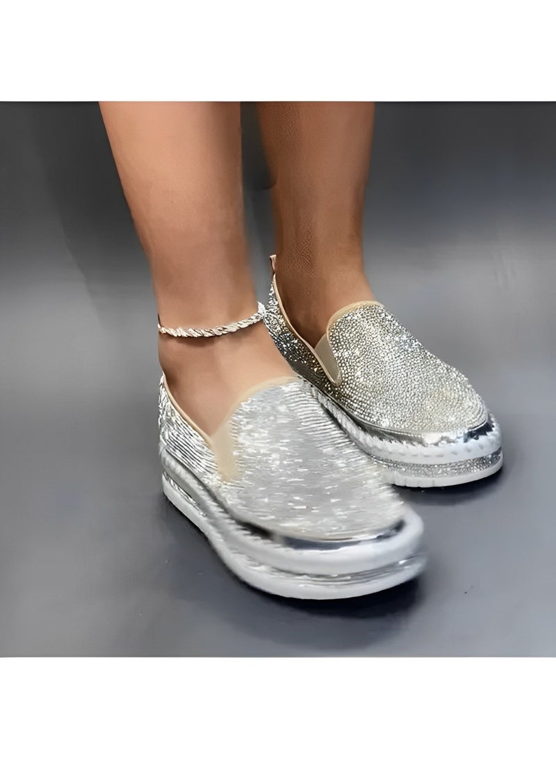 Women's Flats Shoes Rhinestone thick-soled slip-ons Sneakers Casual Comfort Platform Walking Shoes Cute Bowknot Glitter Bling Loafers