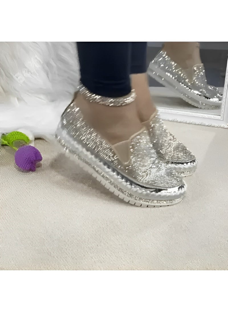 Women's Flats Shoes Rhinestone thick-soled slip-ons Sneakers Casual Comfort Platform Walking Shoes Cute Bowknot Glitter Bling Loafers