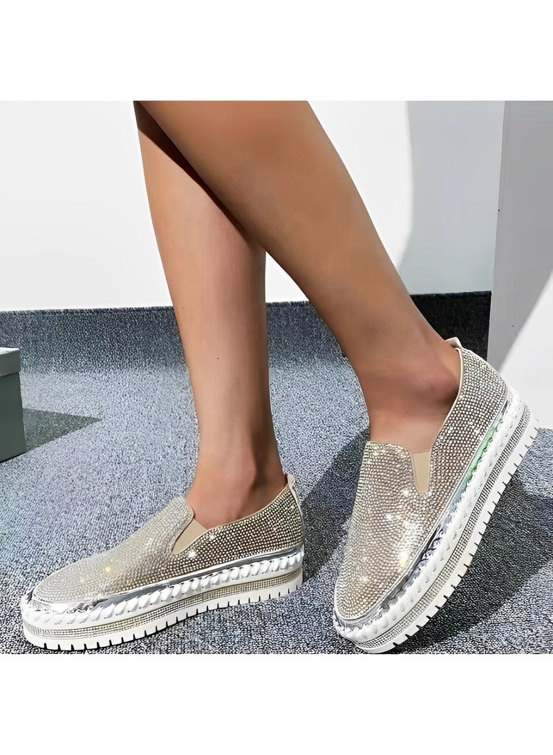 Women's Flats Shoes Rhinestone thick-soled slip-ons Sneakers Casual Comfort Platform Walking Shoes Cute Bowknot Glitter Bling Loafers