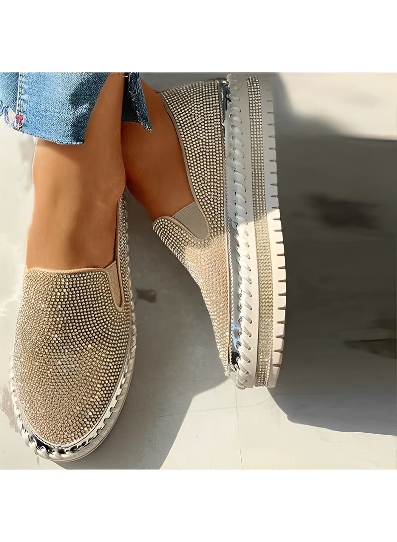 Women's Flats Shoes Rhinestone thick-soled slip-ons Sneakers Casual Comfort Platform Walking Shoes Cute Bowknot Glitter Bling Loafers