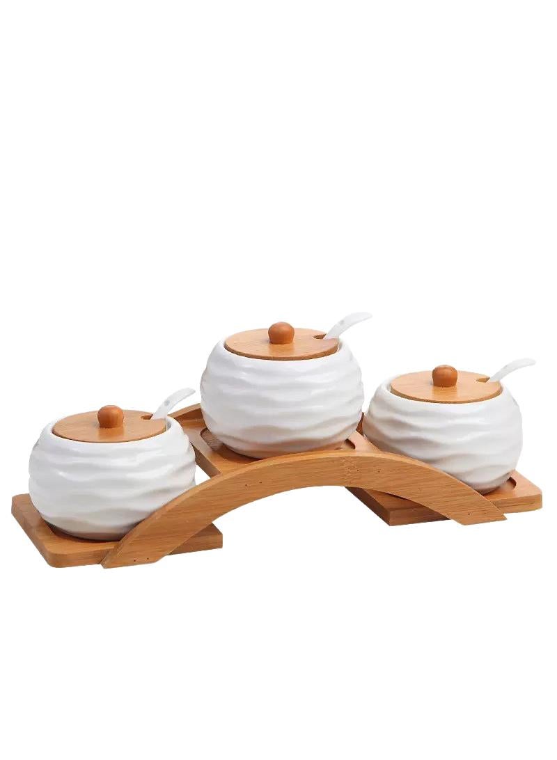 Ceramic Japanese Style Vintage Seasoning Jar Three-piece Set Wooden Pallet With Spoon