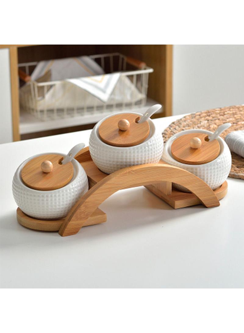 Ceramic Japanese Style Vintage Seasoning Jar Three-piece Set Wooden Pallet With Spoon