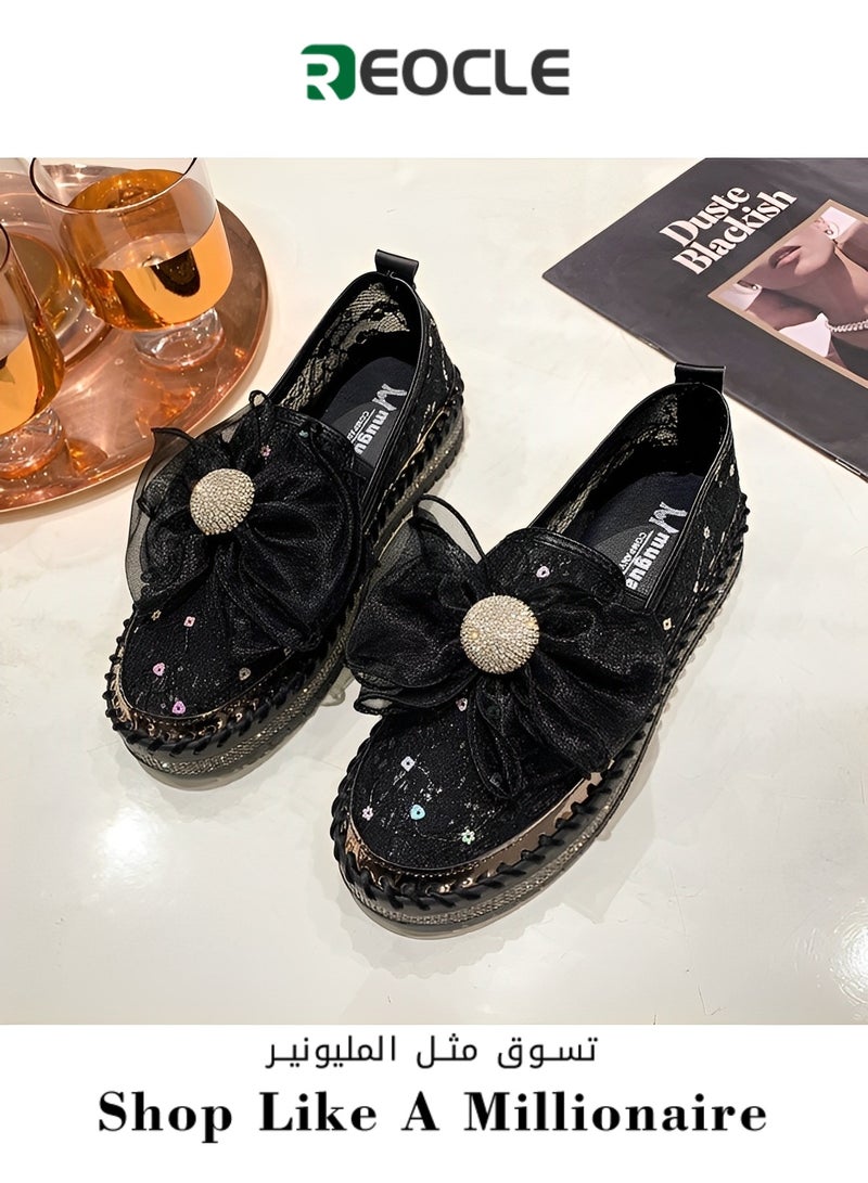 Women's Rhinestones Sneaker Glitter Bow Mesh Platform Slip On Loafers Comfort Sneaker Flat Loafer Casual Shoes