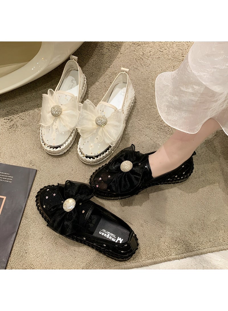 Women's Rhinestones Sneaker Glitter Bow Mesh Platform Slip On Loafers Comfort Sneaker Flat Loafer Casual Shoes