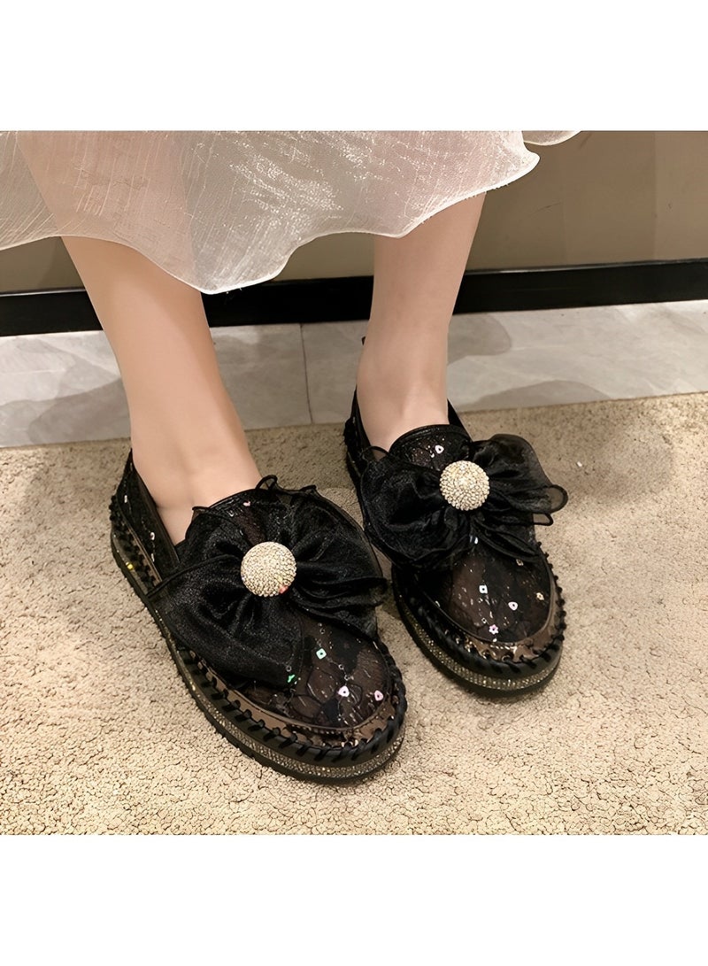 Women's Rhinestones Sneaker Glitter Bow Mesh Platform Slip On Loafers Comfort Sneaker Flat Loafer Casual Shoes