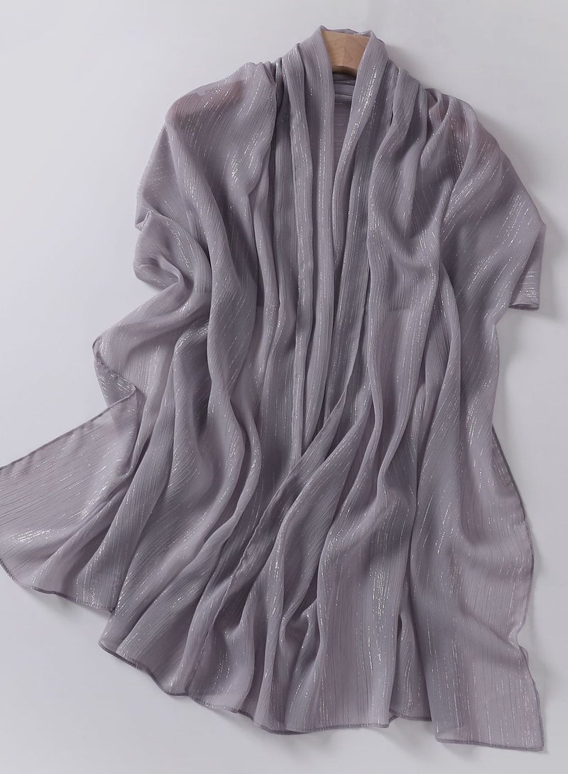 Scarf Chiffon Silver Silk Pleated Long Gauze Hijab, Silver, Shineshe