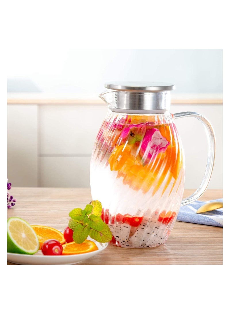 Glass Water Pitcher, 1.5 Liters Pitcher With Hummingbird Shape and Tight Stainless Steel Lid, Carafe Long Comfortble Handle, Good Beverage for Homemade Juice & Iced Tea