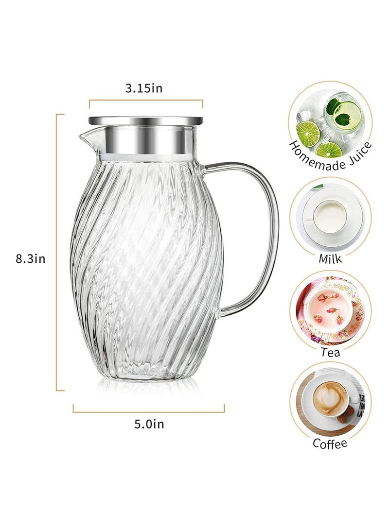 Glass Water Pitcher, 1.5 Liters Pitcher With Hummingbird Shape and Tight Stainless Steel Lid, Carafe Long Comfortble Handle, Good Beverage for Homemade Juice & Iced Tea