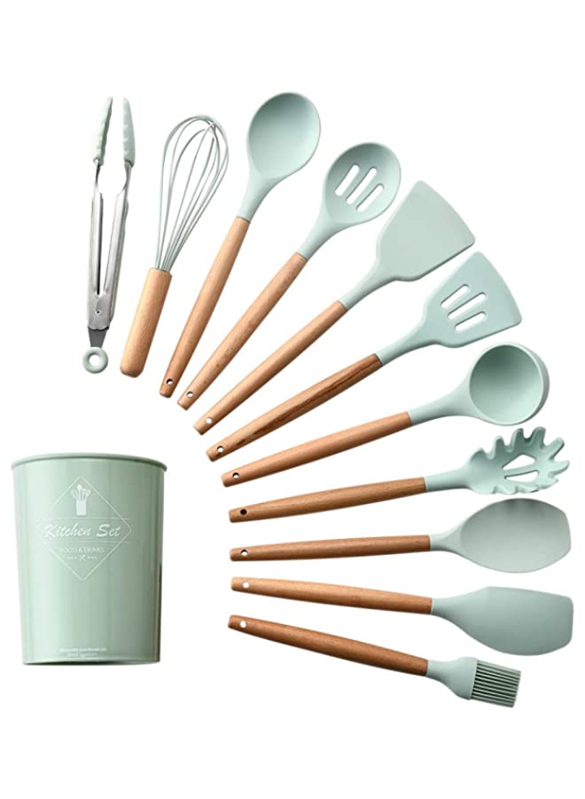 12PCS Kitchen Utensil Set Silicone Cooking Utensils Kit Spatula Heat Resistant Wooden Spoons Gadgets Tool for Non-Stick Cookware (Light Green)