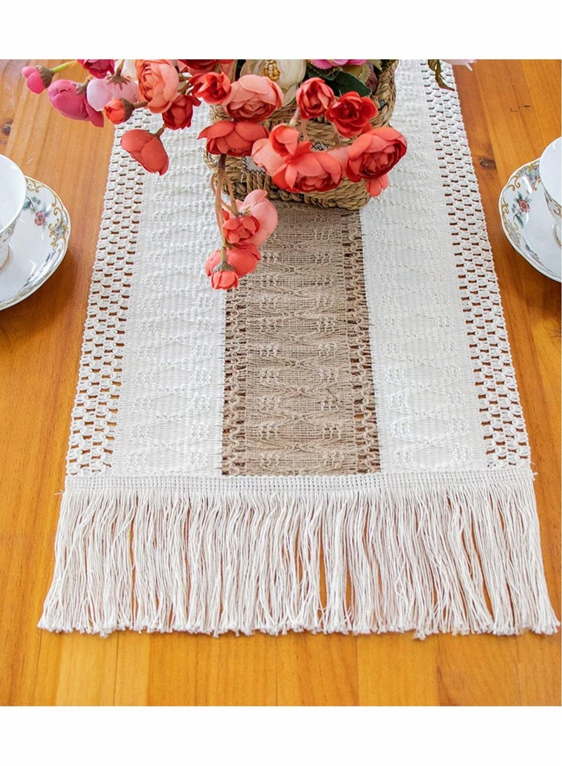 Natural Burlap Table Runner, Modern Farmhouse Decor Rustic Woven Cotton Crochet Lace