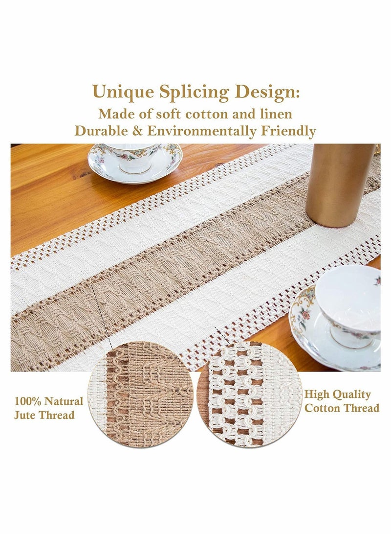 Natural Burlap Table Runner, Modern Farmhouse Decor Rustic Woven Cotton Crochet Lace