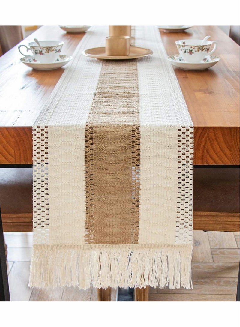 Natural Burlap Table Runner, Modern Farmhouse Decor Rustic Woven Cotton Crochet Lace