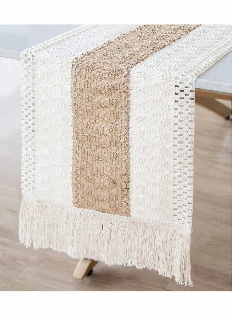 Natural Burlap Table Runner, Modern Farmhouse Decor Rustic Woven Cotton Crochet Lace