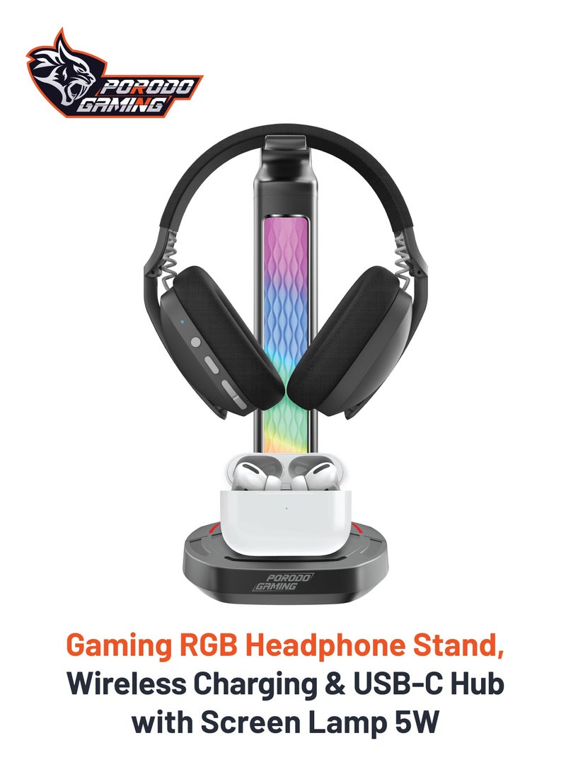 Porodo Gaming RGB Headphone Stand, Wireless Charging & USB-C Hub with Screen Lamp 5W-Black