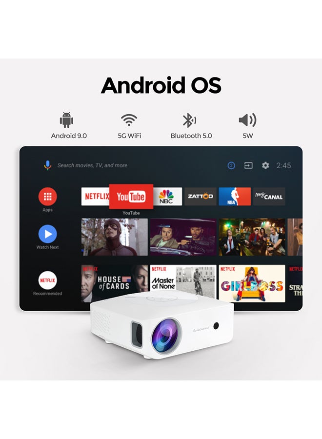 Android 9.0 Tv Led Projector 7000 Lumens/Screen Size Upto 300 Inchnative Res 1080P Full Hd Download Apps Bluetooth Wifi 4K Home Theater Gaming Video PROJ-WO-73-AN White
