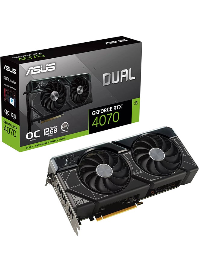 Dual GeForce RTX 4070 OC Edition Graphics Card, 12GB GDDR6X 192-bit Memory, 2520 MHz Engine Clock, 5888 CUDA Cores, 21 Gbps Memory Speed, PCI Express 4.0, 1x HDMI / 3xDP Black