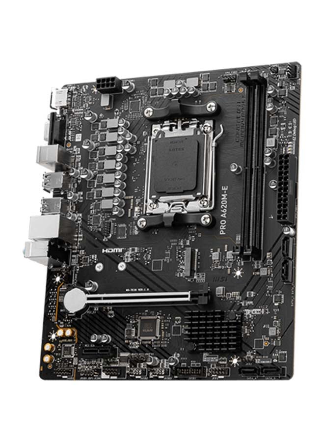 MSI PRO A620M-E AM5 mATX Motherboard, AMD A620 Chipset, 2x DDR5 / 96GB Max Memory, 1x PCI-E x16, 1x M.2, RTL8111H Gigabit LAN, 2x USB 3.2 Type-A, 1x HDMI / 1x VGA | 911-7E28-001