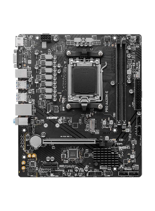 MSI PRO A620M-E AM5 mATX Motherboard, AMD A620 Chipset, 2x DDR5 / 96GB Max Memory, 1x PCI-E x16, 1x M.2, RTL8111H Gigabit LAN, 2x USB 3.2 Type-A, 1x HDMI / 1x VGA | 911-7E28-001