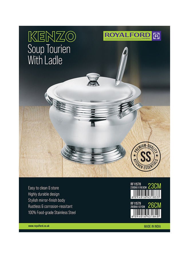 23 CM Kenzo Soup Tourien With Ladle- RF11578| Perfect for Serving Soups Stews Etc| Includes a Lid Kitchen Use Versatile And Strong Stainless Steel Construction| Silver Silver 23cm