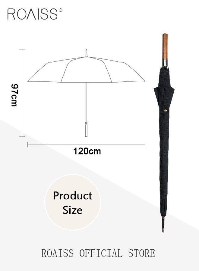 Unisex Multi Functional Semi Automatic Long Handle Umbrella with Wooden Shaft Windproof Reinforced Dual Person Business Style 8 Rib Large Canopy Semi Automatic Umbrella for Rain or Shine UPF50