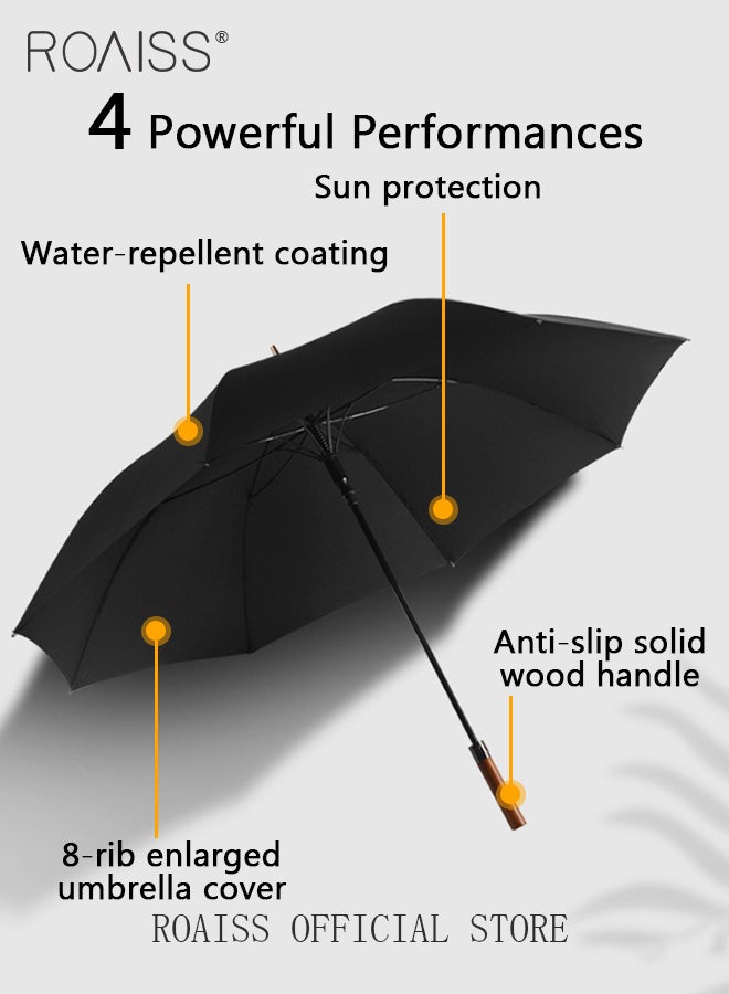 Unisex Multi Functional Semi Automatic Long Handle Umbrella with Wooden Shaft Windproof Reinforced Dual Person Business Style 8 Rib Large Canopy Semi Automatic Umbrella for Rain or Shine UPF50
