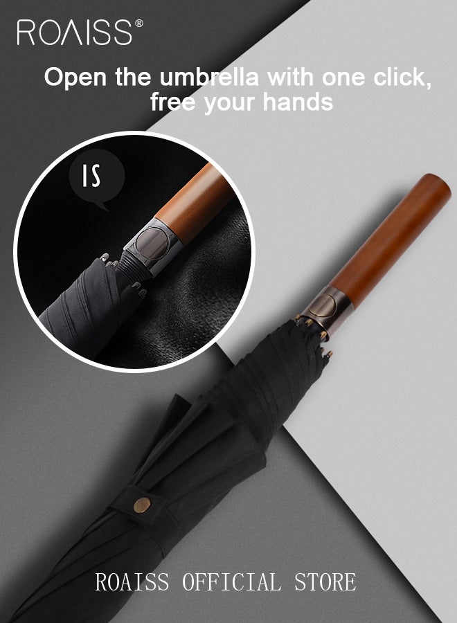 Unisex Multi Functional Semi Automatic Long Handle Umbrella with Wooden Shaft Windproof Reinforced Dual Person Business Style 8 Rib Large Canopy Semi Automatic Umbrella for Rain or Shine UPF50