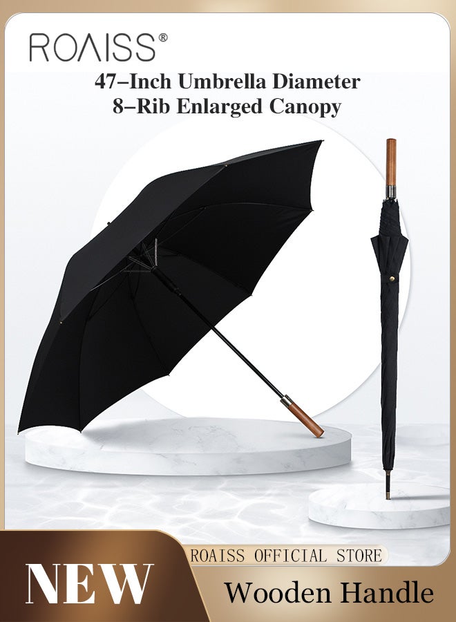Unisex Multi Functional Semi Automatic Long Handle Umbrella with Wooden Shaft Windproof Reinforced Dual Person Business Style 8 Rib Large Canopy Semi Automatic Umbrella for Rain or Shine UPF50