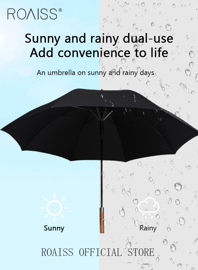 Unisex Multi Functional Semi Automatic Long Handle Umbrella with Wooden Shaft Windproof Reinforced Dual Person Business Style 8 Rib Large Canopy Semi Automatic Umbrella for Rain or Shine UPF50