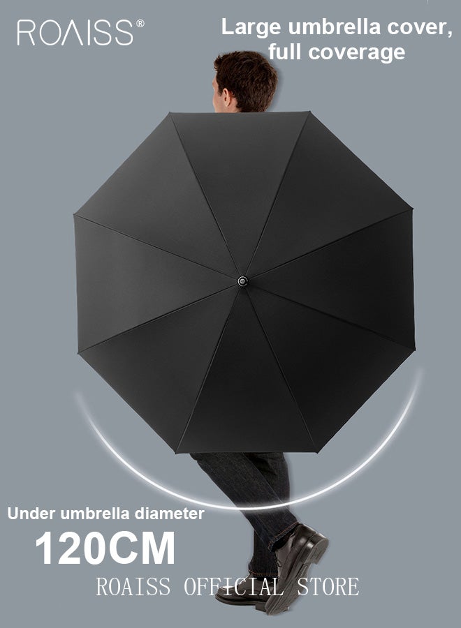 Unisex Multi Functional Semi Automatic Long Handle Umbrella with Wooden Shaft Windproof Reinforced Dual Person Business Style 8 Rib Large Canopy Semi Automatic Umbrella for Rain or Shine UPF50