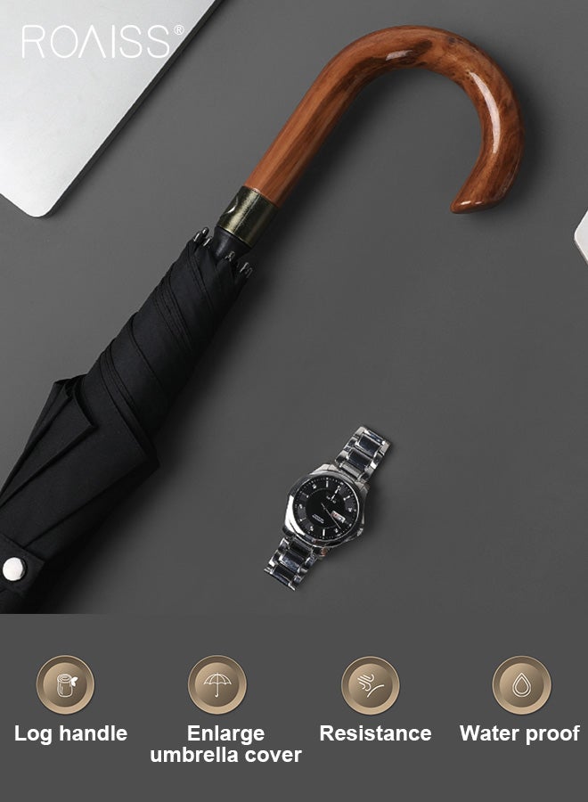 Unisex Multi Functional Semi Automatic Long Handle Umbrella with Wooden Shaft Windproof Reinforced Dual Person Business Style 8 Rib Large Canopy Bent Handle Umbrella for Rain or Shine UPF50