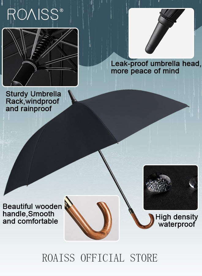 Unisex Multi Functional Semi Automatic Long Handle Umbrella with Wooden Shaft Windproof Reinforced Dual Person Business Style 8 Rib Large Canopy Bent Handle Umbrella for Rain or Shine UPF50