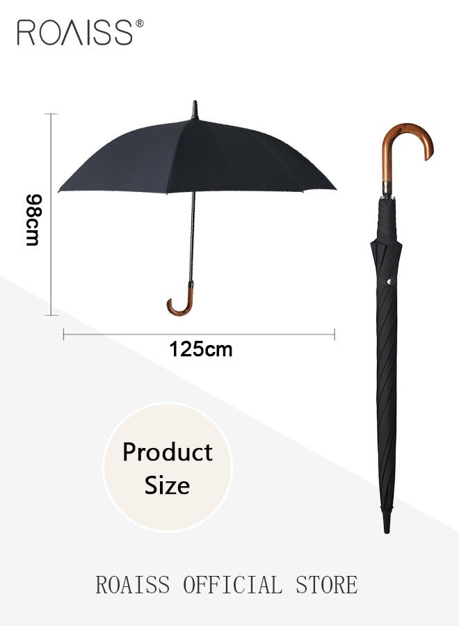 Unisex Multi Functional Semi Automatic Long Handle Umbrella with Wooden Shaft Windproof Reinforced Dual Person Business Style 8 Rib Large Canopy Bent Handle Umbrella for Rain or Shine UPF50