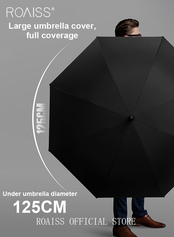 Unisex Multi Functional Semi Automatic Long Handle Umbrella with Wooden Shaft Windproof Reinforced Dual Person Business Style 8 Rib Large Canopy Bent Handle Umbrella for Rain or Shine UPF50