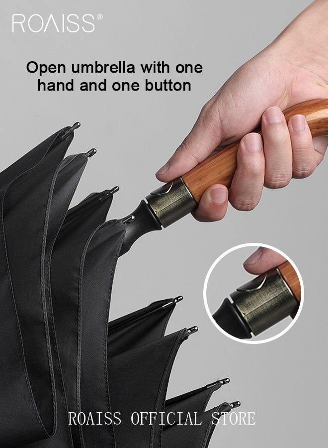 Unisex Multi Functional Semi Automatic Long Handle Umbrella with Wooden Shaft Windproof Reinforced Dual Person Business Style 8 Rib Large Canopy Bent Handle Umbrella for Rain or Shine UPF50