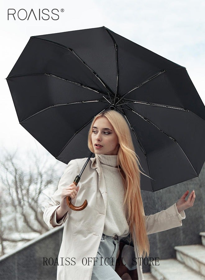 Unisex Multi Functional Semi Automatic Long Handle Umbrella with Wooden Shaft Windproof Reinforced Dual Person Business Style 8 Rib Large Canopy Bent Handle Umbrella for Rain or Shine UPF50