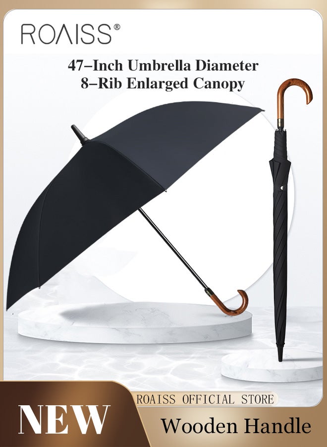 Unisex Multi Functional Semi Automatic Long Handle Umbrella with Wooden Shaft Windproof Reinforced Dual Person Business Style 8 Rib Large Canopy Bent Handle Umbrella for Rain or Shine UPF50