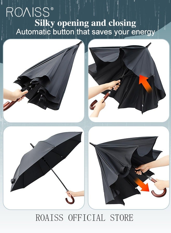 Unisex Multi Functional Semi Automatic Long Handle Umbrella with Wooden Shaft Windproof Reinforced Dual Person Business Style 8 Rib Large Canopy Bent Handle Umbrella for Rain or Shine UPF50