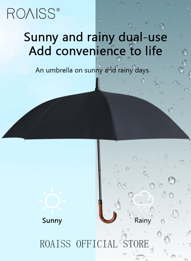 Unisex Multi Functional Semi Automatic Long Handle Umbrella with Wooden Shaft Windproof Reinforced Dual Person Business Style 8 Rib Large Canopy Bent Handle Umbrella for Rain or Shine UPF50
