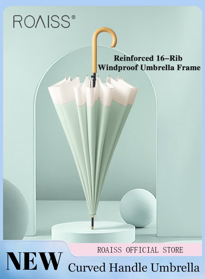 Unisex Multifunctional Long Handle Umbrella with High Density Canopy and Reinforced Fiberglass Ribs for Wind and Rain Protection Curved Hook Wooden Handle for Easy Grip 16 Rib Design for Rain and Sun