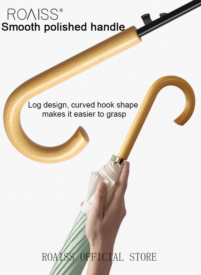 Unisex Multifunctional Long Handle Umbrella with High Density Canopy and Reinforced Fiberglass Ribs for Wind and Rain Protection Curved Hook Wooden Handle for Easy Grip 16 Rib Design for Rain and Sun