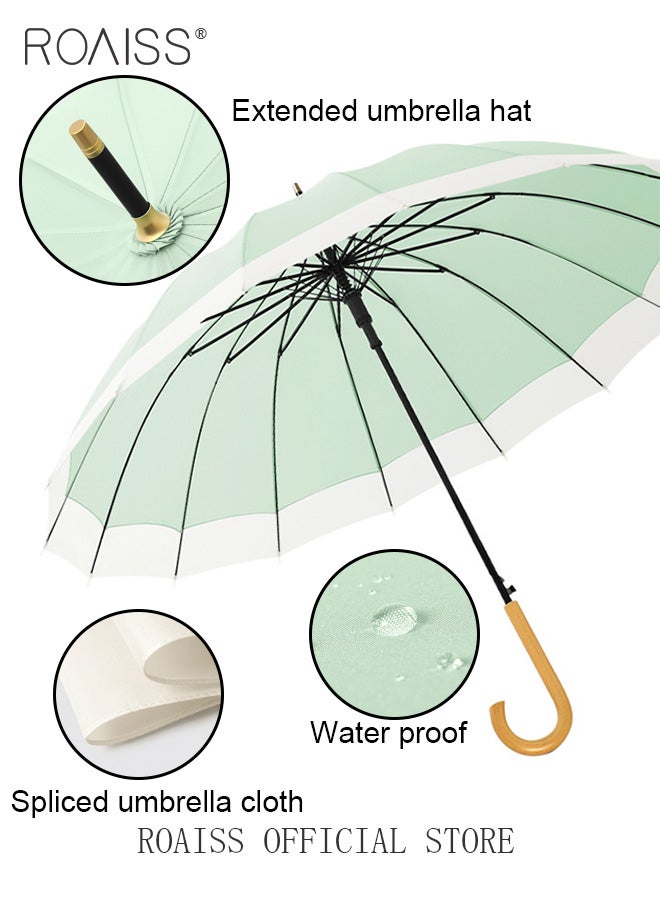 Unisex Multifunctional Long Handle Umbrella with High Density Canopy and Reinforced Fiberglass Ribs for Wind and Rain Protection Curved Hook Wooden Handle for Easy Grip 16 Rib Design for Rain and Sun