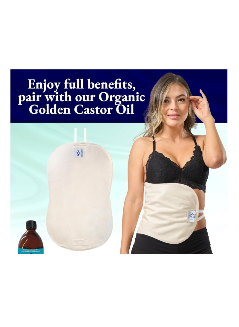 Castor Oil Pack for Liver by Queen of the Thrones® - Heatless, Less-Mess, Reusable (compress) - Organic Cotton Flannel, Soft Straps & Naturopathic Doctor Designed (Castor Oil sold separately)