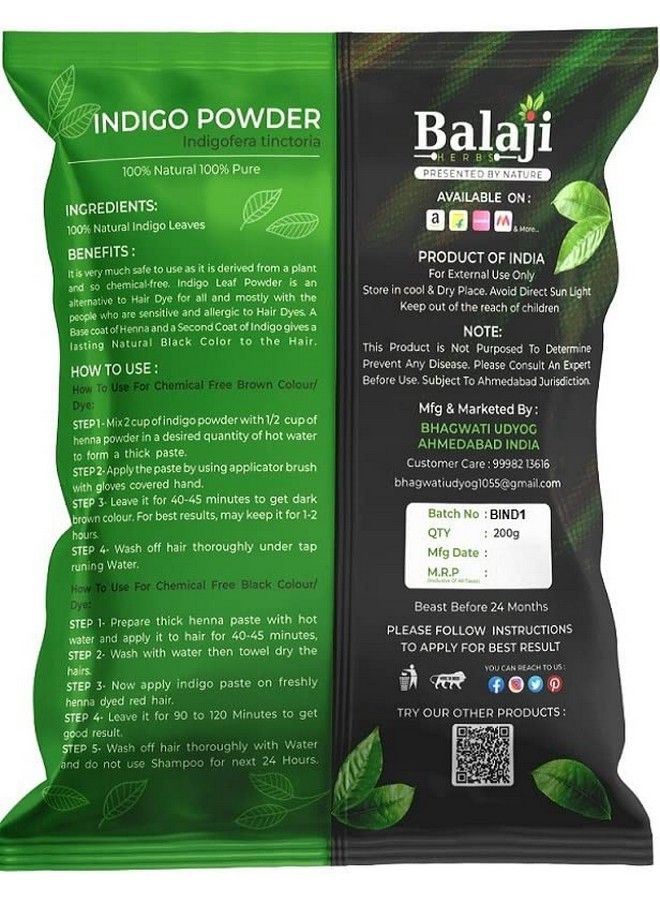 Indigo Powder For Hair Black (200 Grams) ; 100% Pure And Natural No Preservatives ; Natural Hair Dye ; No Ammonia No Ppd