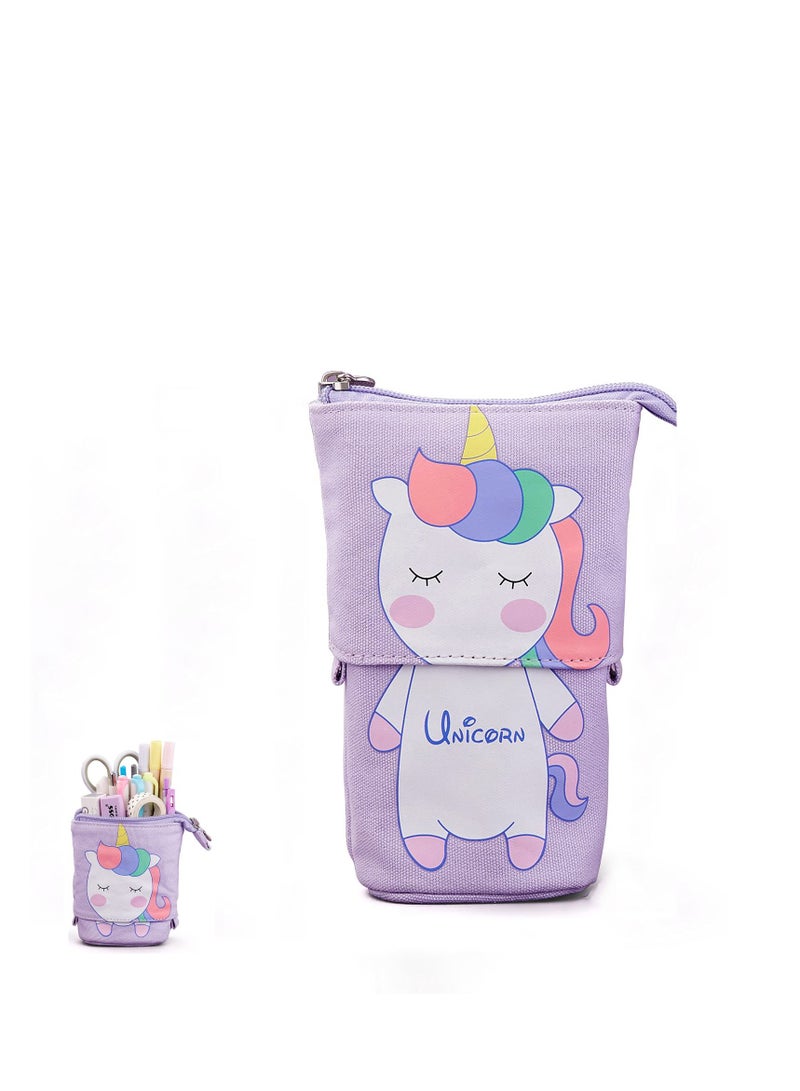 Cute Cartoon Stand up Pencil & Pen Case Box Pouch, Portable Art School Office Cosmetic Bag, Large Lightweight Canvas Holder for Kids Students Adults Girls Boys Gifts, Purple